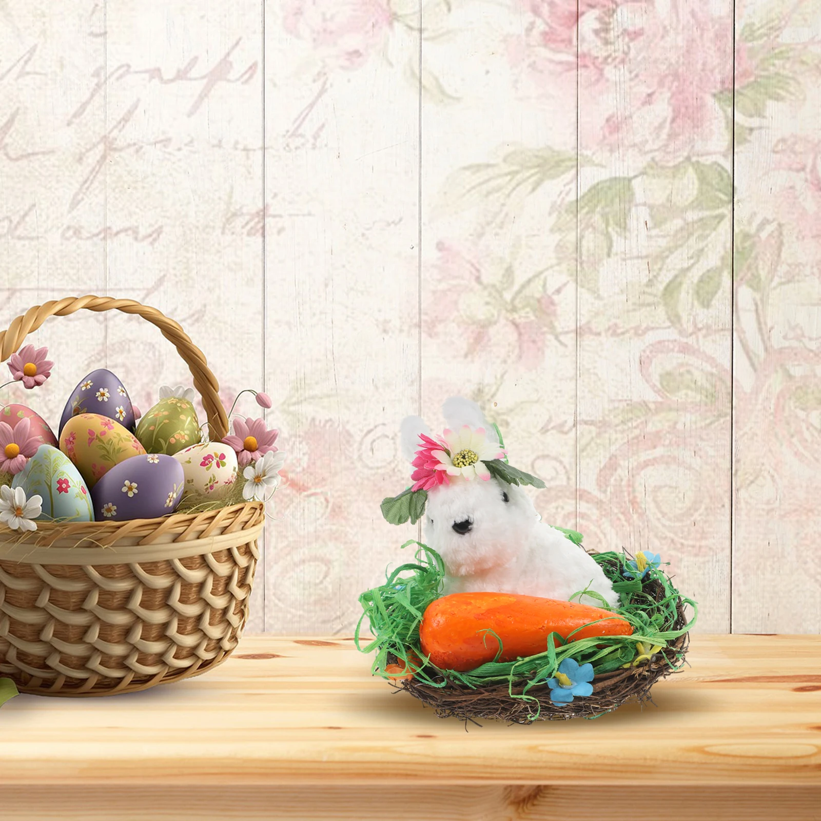 

Easter Decorative Bunny Handwoven Rabbit Holding Carrots Rustic Tabletop Centerpiece Unique Easter Home Ornament