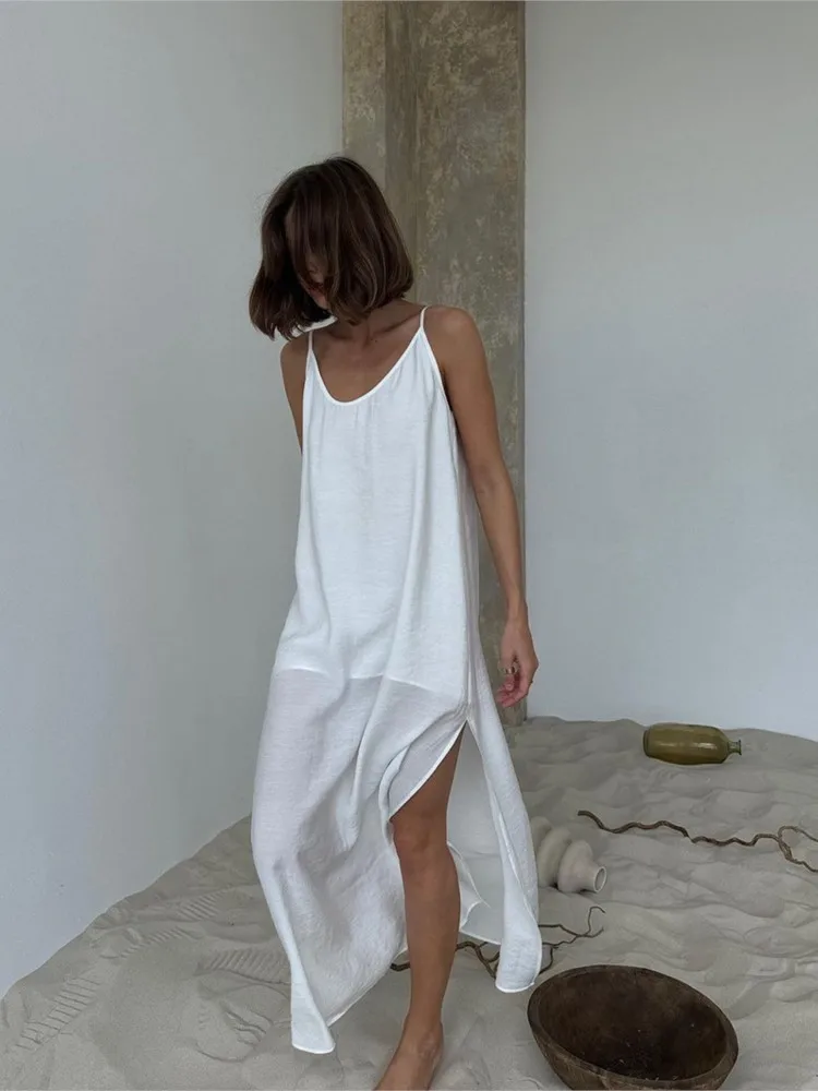 

Casual Loose White Long Dress Robe 2026 New Summer V Neck Dresses For Women Spring Sleeveless Straight Robes Nightgown