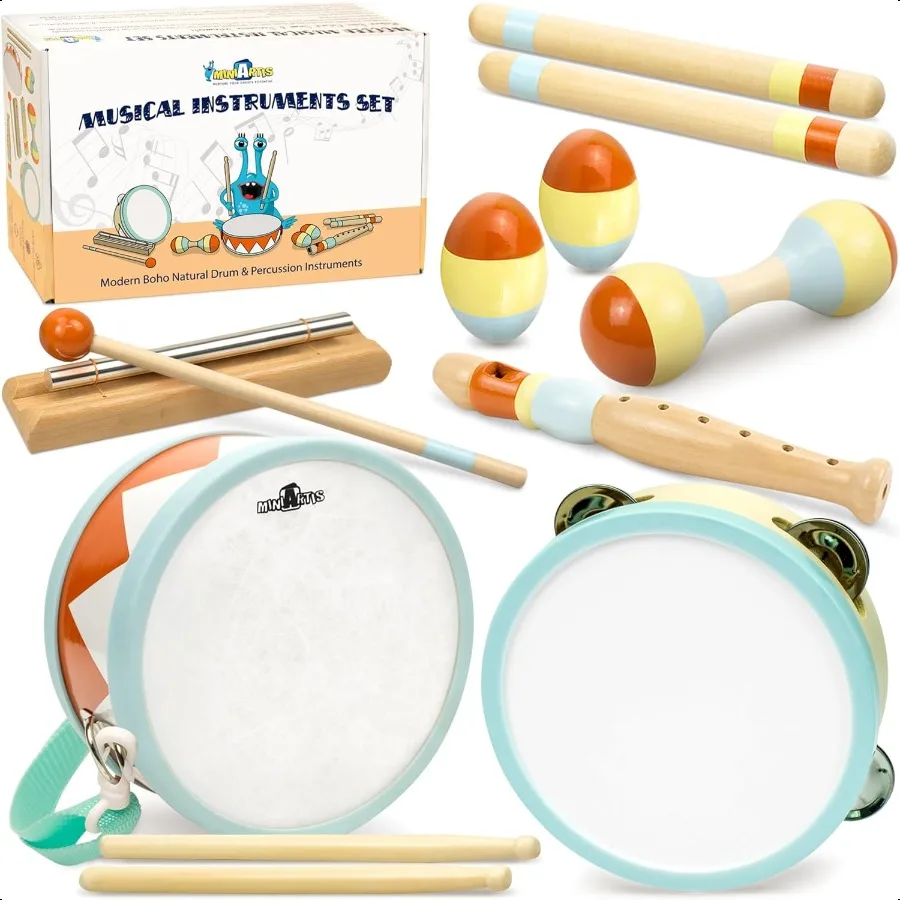

MINIARTIS Toddler Musical Instruments Montori Wooden Musical Toys for Toddlers 1odern Boho Baby Drum Set with Neutral Colors Pe
