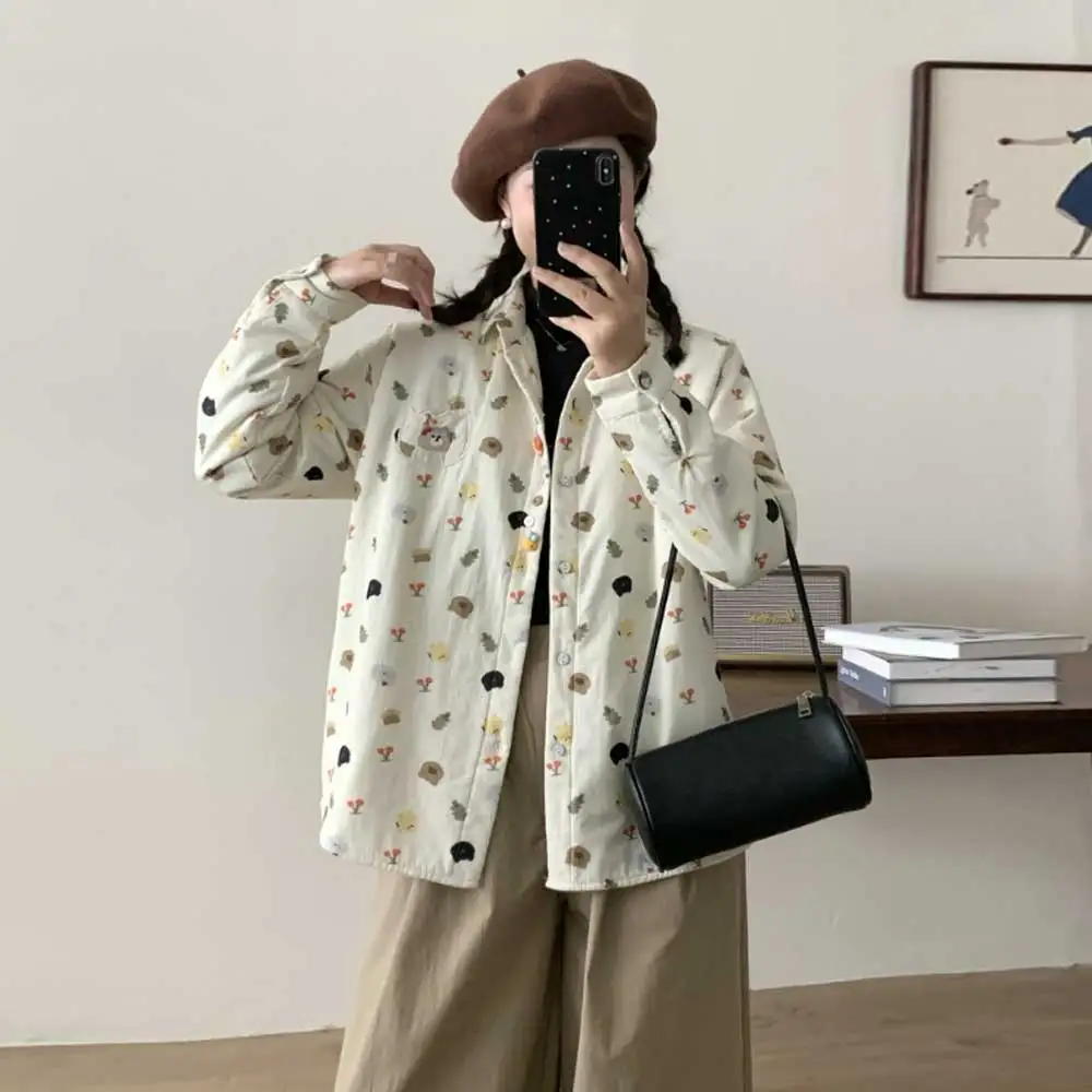 

Japanese Mori Kei Clothing Cute Cartoon Printed Cotton Padded Shirts Women Autumn Winter Long Sleeve Warm Loose Blouse Outerwear