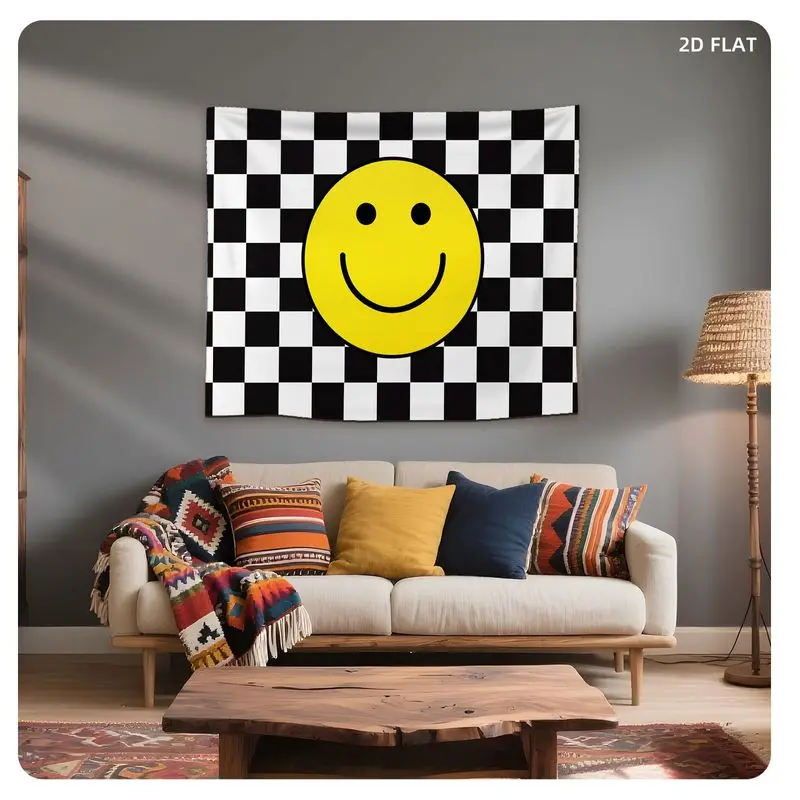 VIKAMA Black White Chessboard Pattern Smiling Face Tapestry, Graphic Wall Hanging for Bedroom Living Room Dorm