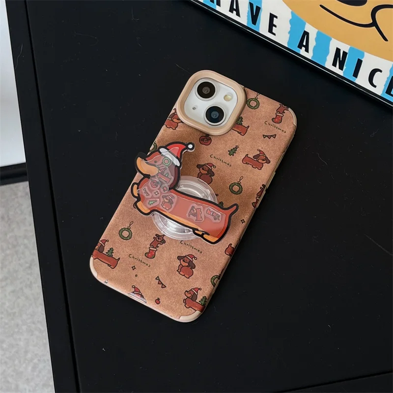 Cartoon Dog Christams Stand Phone Case For iPhone 16 Pro 14 12 13 Pro Max Cover with Holder Silicone Cases For Apple 15 Pro Capa