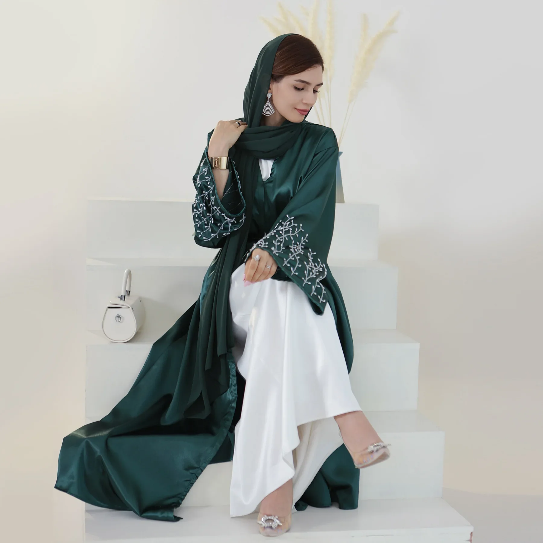 Kimono Abaya Dubai con cuentas de lujo, vestido de fiesta musulmán frontal con cierre a presión, Abaya para mujer, Túnica de Hijab modesto Islam de