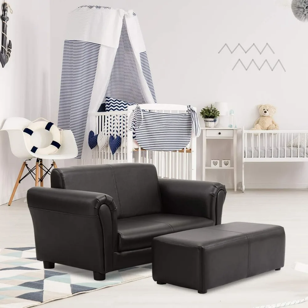 

Kids Couch with Footstool, 2 in 1 Double Seat Children's Sofa W/PU Leather Surface, Armrest Chair Lounge, Soft Kids Sofa Couch