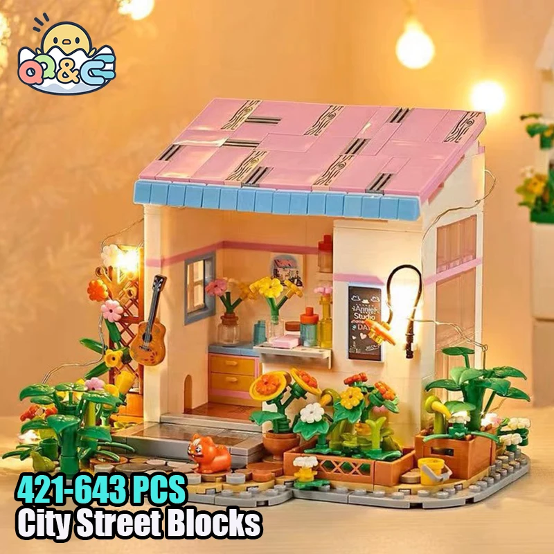 

421-643 PCS City Street Scene Summer Restaurant Coffee House Building Blocks Fairy Town Bricks Children Toys For Kids Gift