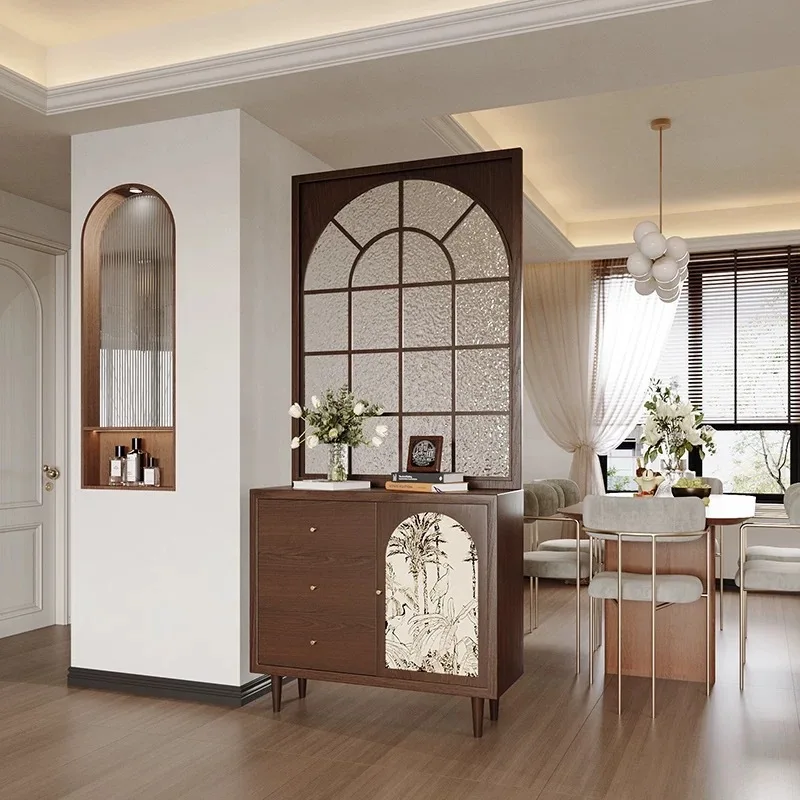 

retro screen partition, living room glass porch cabinet, decorative entry, door shielding, drawer storage integrated cabinet