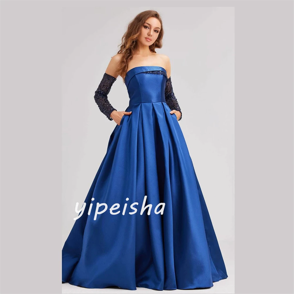 Jersey Sequined Ruched Engagement A-line Strapless Bespoke Occasion Gown Long Dresses