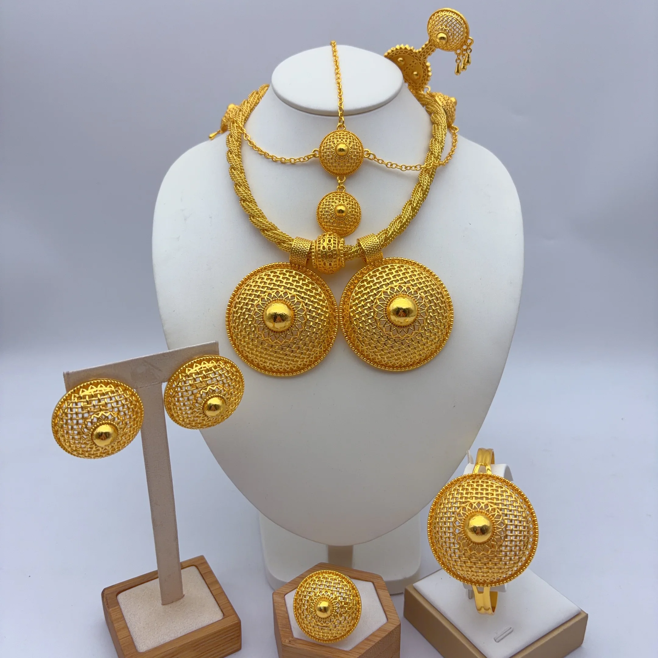 Brazilian 24k Plated Gold 6PCS Jewelry Set For Woman African Indian Ethiopian two Pendant Necklace Wedding Engagement Gifts