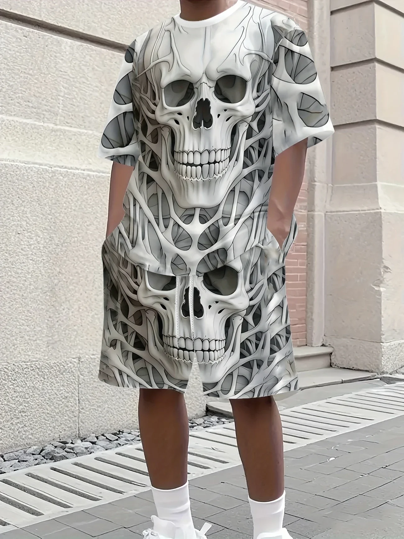 Men's Summer 3D Skull Print Short Sleeved T-shirt and Shorts Set Casual Party Clothing Hip-hop Street Style