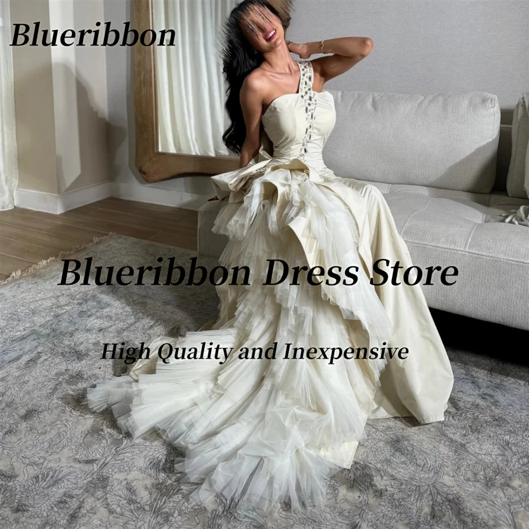 Blueribbon One Shoulder Prom Party Formal Dresses Beaded Tulle Long Ruffles Evening Gowns Sexy Back Robe Des Marrige