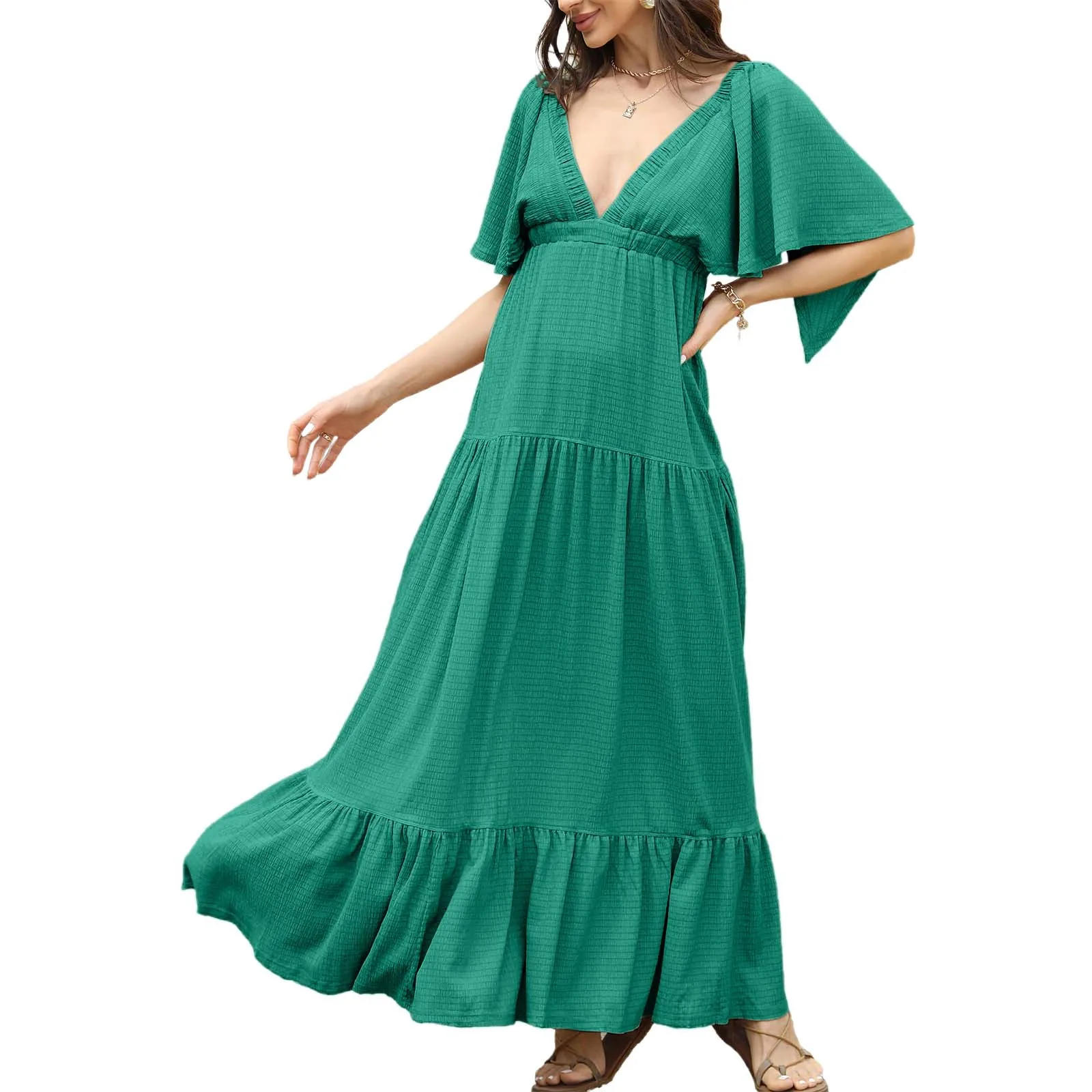 New Women's Formal Dresses Spring Summer Fashion V-neck Short Sleeve Dress Simple Solid Color Belt Casual Long Sundresses