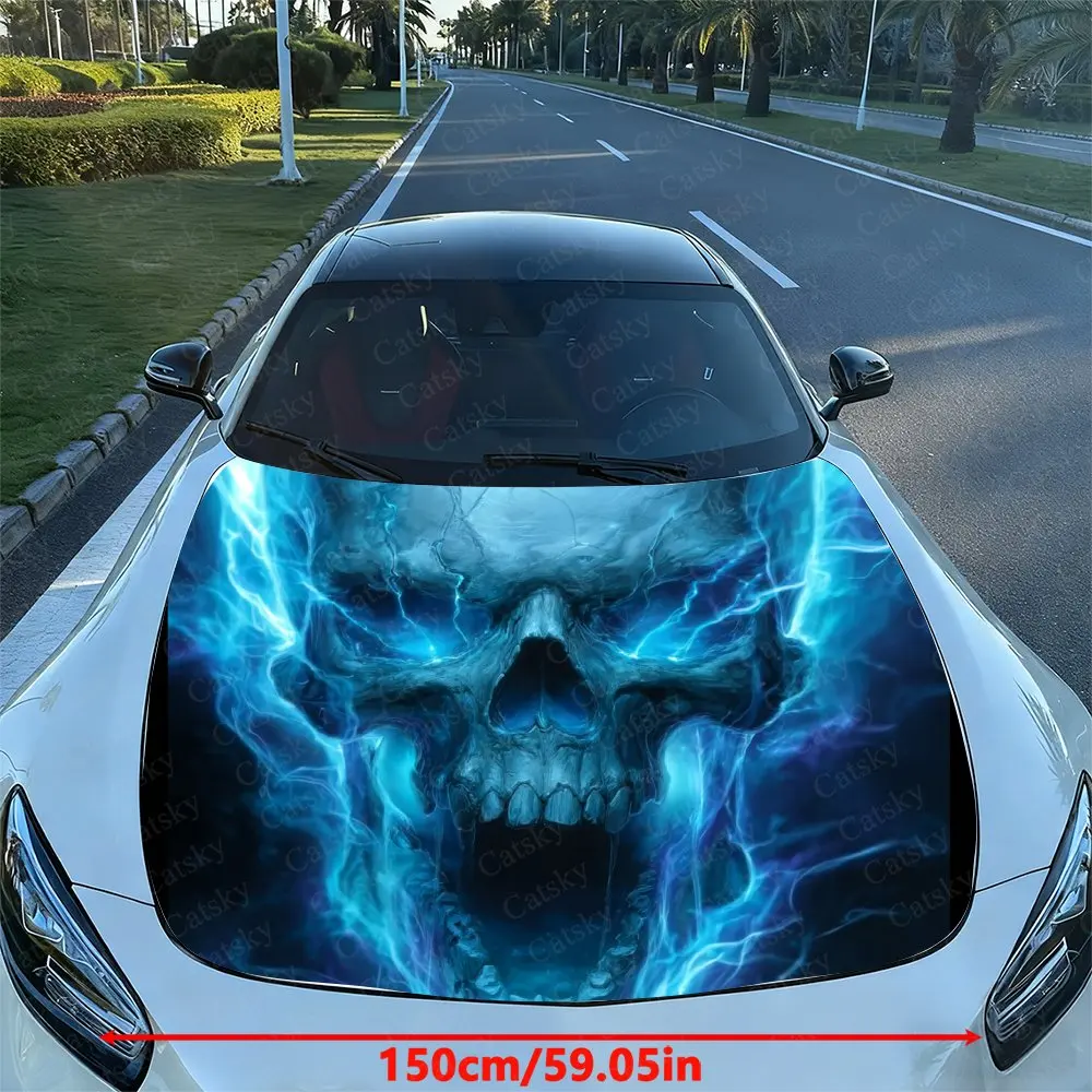 Blue Eyed Horror Skull Car Hood Vinyl Sticker Wrap, Universal Engine Cover Decal, Durable Paper Material, Protective Film For Ve