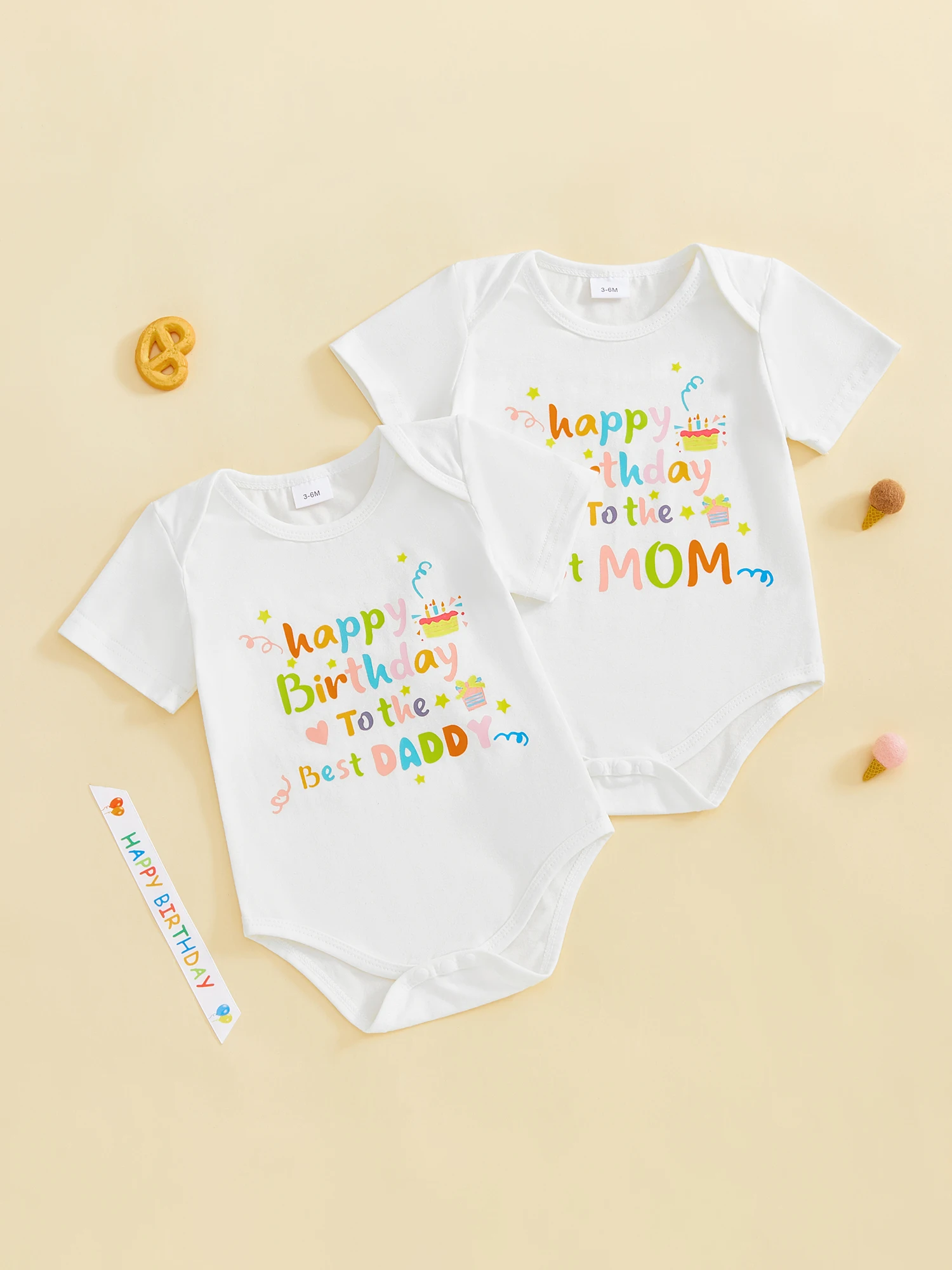 

Infant Toddler Unisex Jumpsuit with Short Sleeves and Round Neckline Adorable Cake and Letter Print Perfect for Baby s First