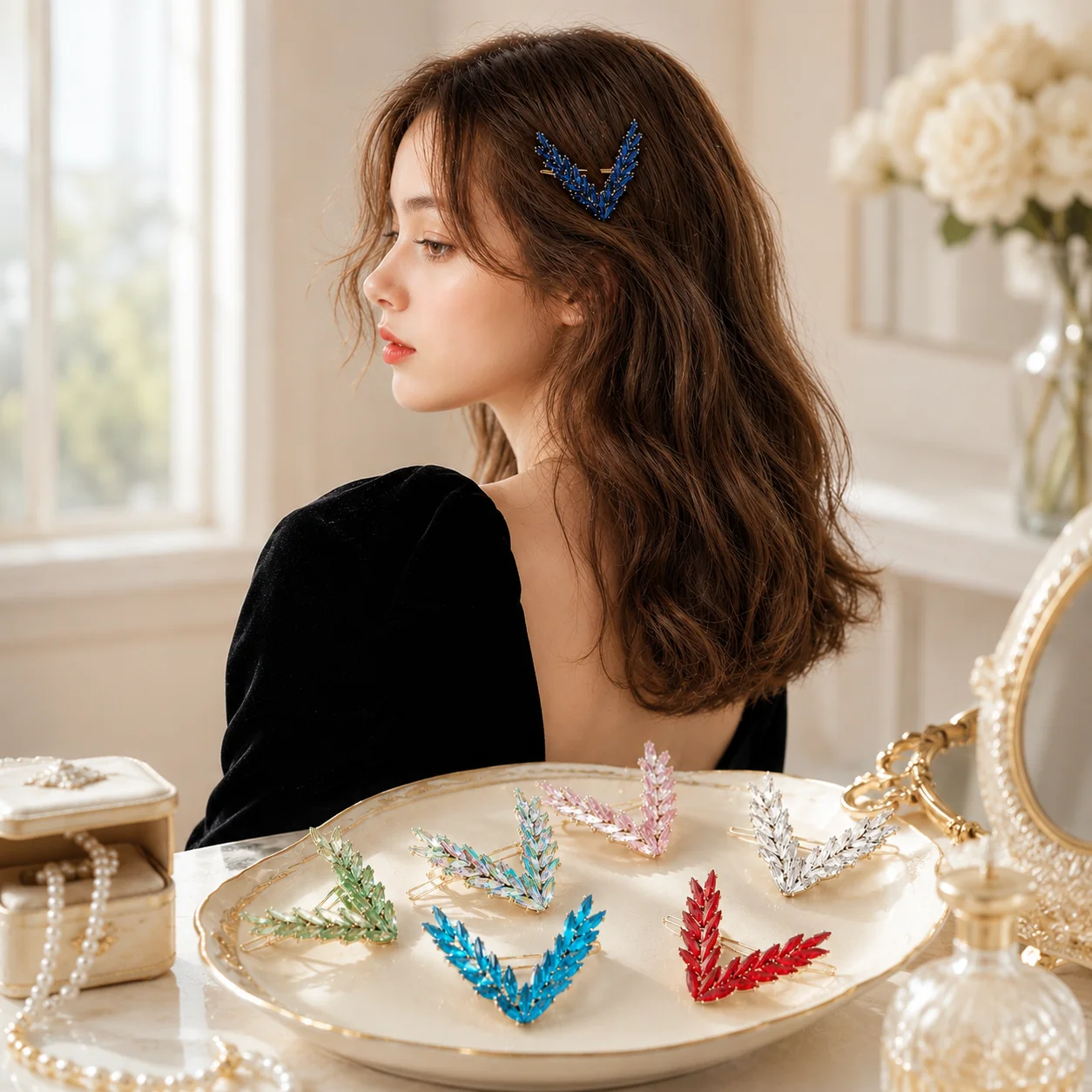 Luxury Shining Crystal Hair Clip Rhinestone Women Korean V Shape