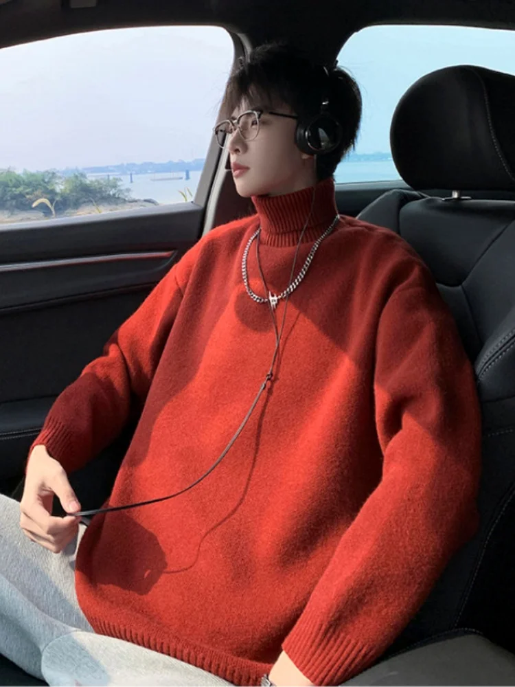 

Men's High Collar Fce Lined Thiened Knitwear Winter Inner Wear Base irt Teenage Retro Lazy Sle Faionable Sweater