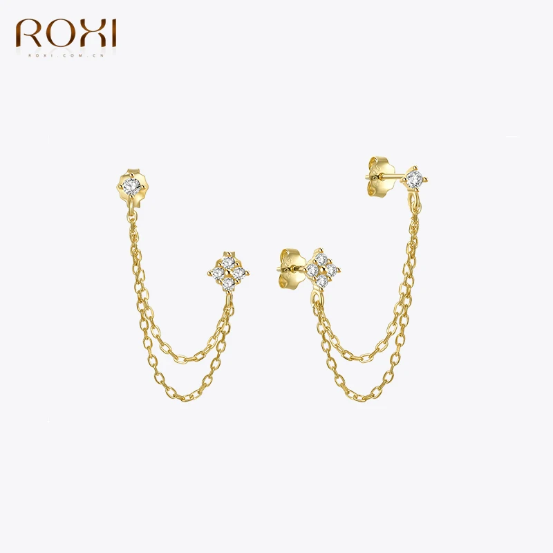 ROXI Tassel Chain Crystal Double Ear Stud Earrings For Women 925 Sterling Silver Piercing Earrings Jewelry Ins Pendientes Aretes