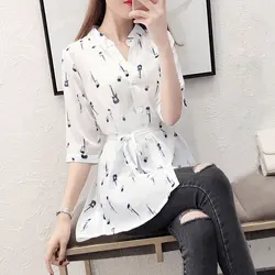 Female Clothing Fashion Printed Blouse Elegant Waist Drawstring Loose Summer Casual Half Sleeve Korean Single-breasted Shirt New