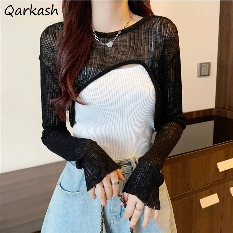 Hot Cropped Shrugs Women Knitwear High Street Long Sleeve O-neck Cool Girls Stylish Solid Color Irregular Female Chic All-match