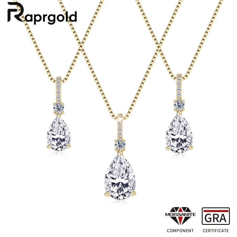 

RAPRGOLD GRA Certified Pear Cut Moissanite Pendant Necklaces for Women 925 Sterling Silver Chains Wedding Jewelry Gifts Collares