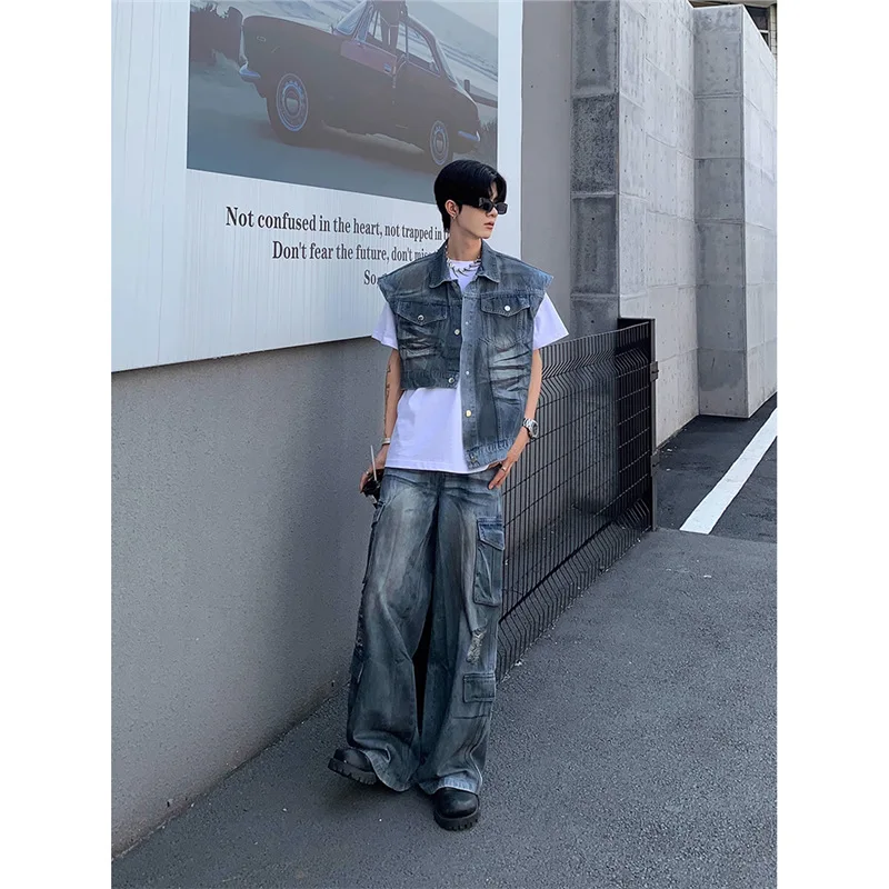 

Американский ретро потертый винтажный комплект жилета для мужчин в уличном стиле, свободный универсальный без рукавов