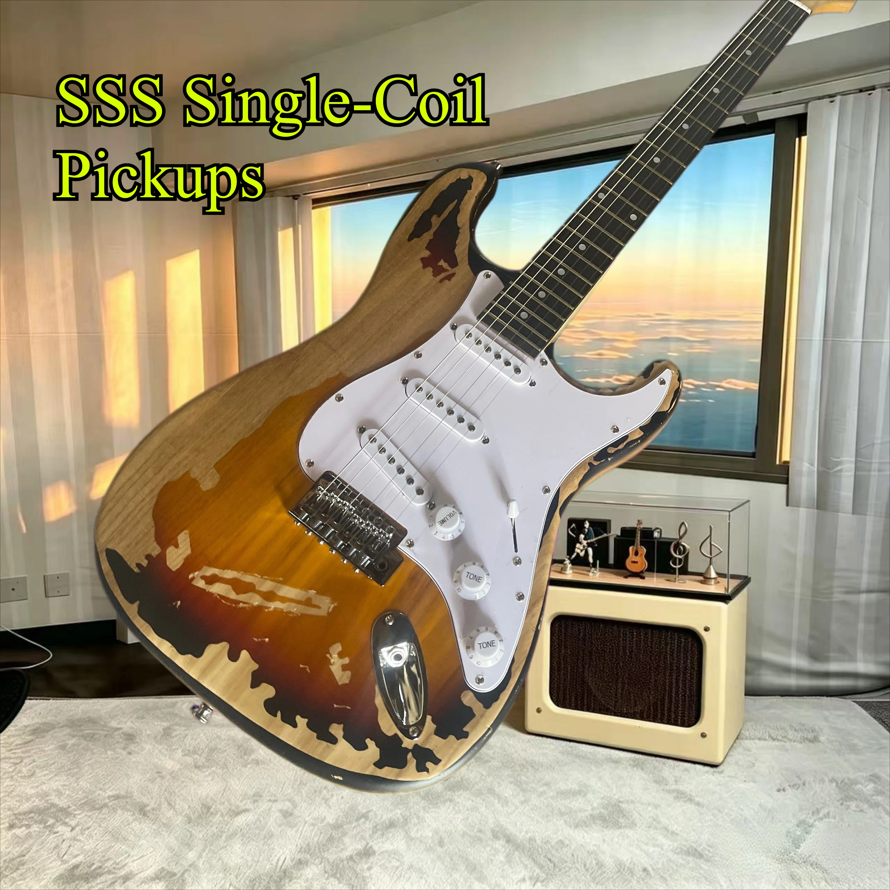 Heavy Aged Sunburst STSA Electric Guitar SSS Single‑Coil Pickups White Pickguard Chrome Hardware Blues Rock Vintage Stage Guitar