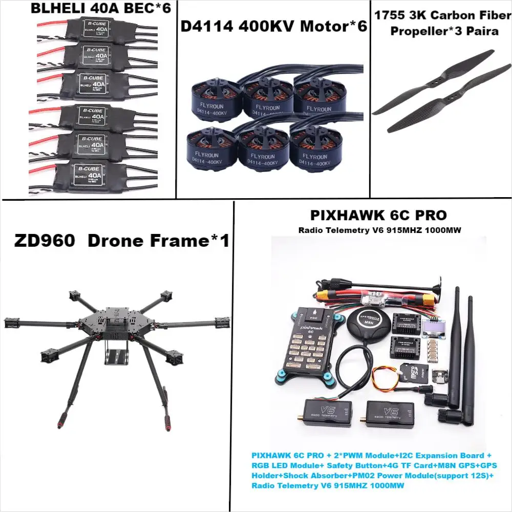 ชุดควบคุมการบิน RCtoSky ZD960 PIXHAWK 6C PRO M8N โครงสร้างคาร์บอนไฟเบอร์แบบเต็มตัว Hexa-Rotor พร้อม ESC BLHELI 40A ระบบควบคุมการบิน และชุด Telemetry Rado