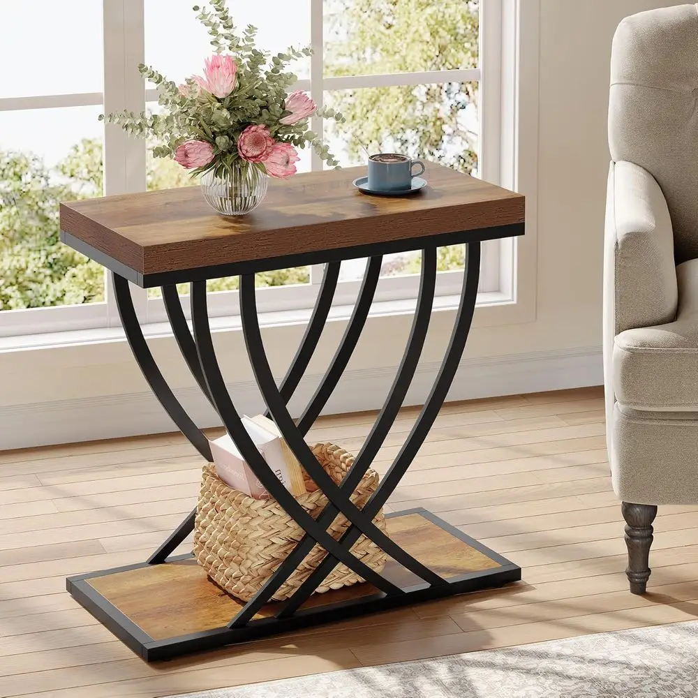 

Rustic Brown 2-Tier Narrow End Table for Living Room and Bedroom, Ideal for Small Spaces with Industrial Metal Edge