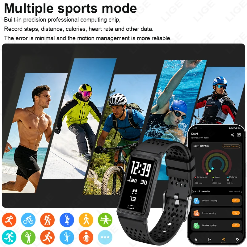 LIGE 4.9MM Ultra-Thin Smart Bracelet Heart Rate Sleep Monitor Health Band Waterproof Sports Fitness Tracker Men Women Smartwatch