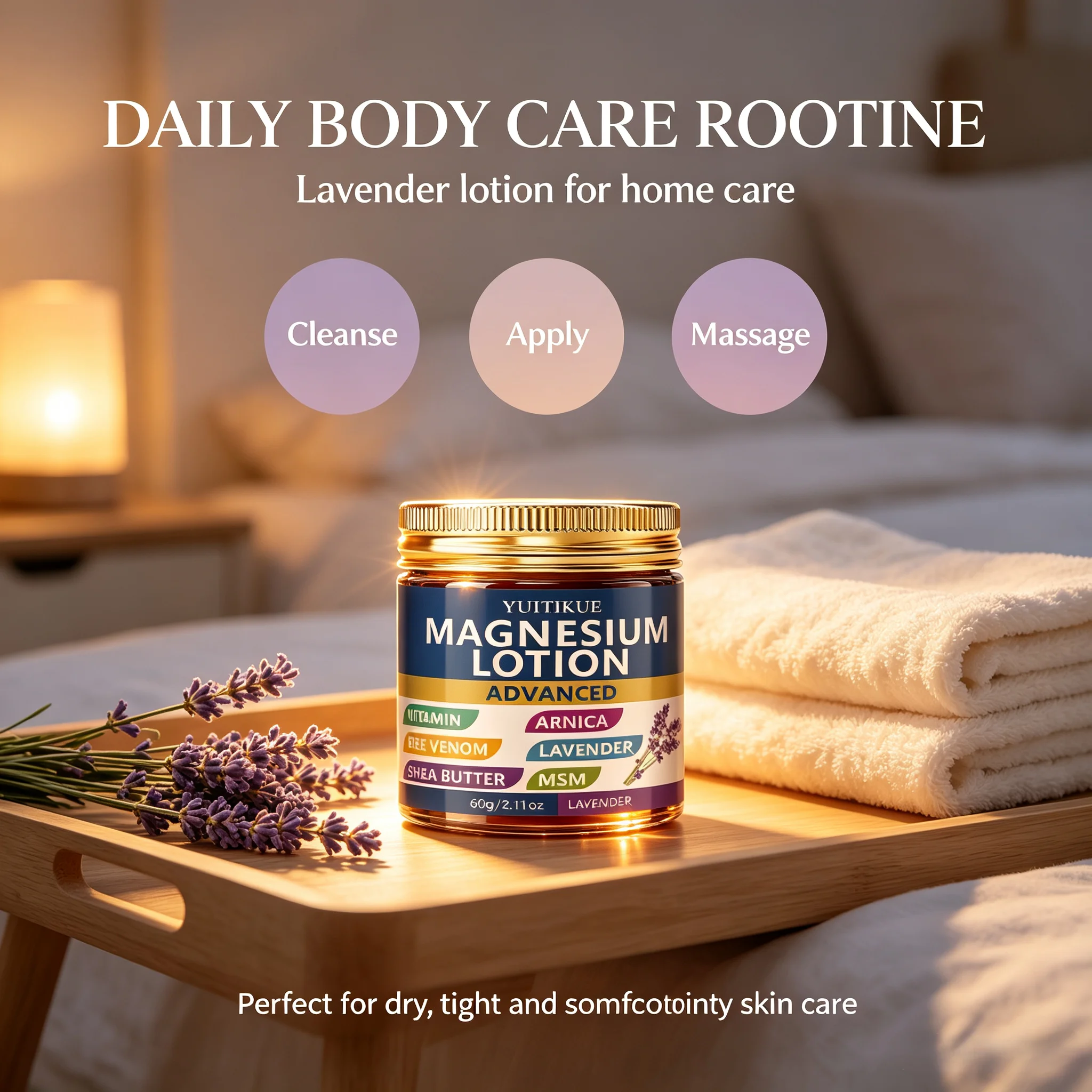 YUITIKUE Lavender Magnesium Body Lotion Nourish Dry Rough Skin Soften Tight Skin Gentle Relaxing Daily Body Skin Care Cream 60g