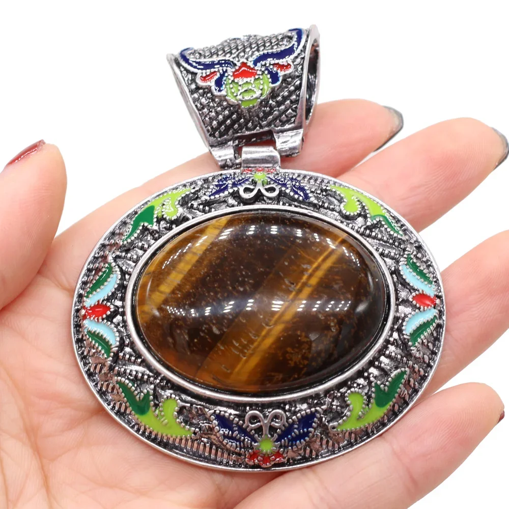 Oval Natural Crystal Semi Precious Stone Carved Pendant with Exquisite Jewelry Accessories DIY Ethnic Style Necklace 60x70mm