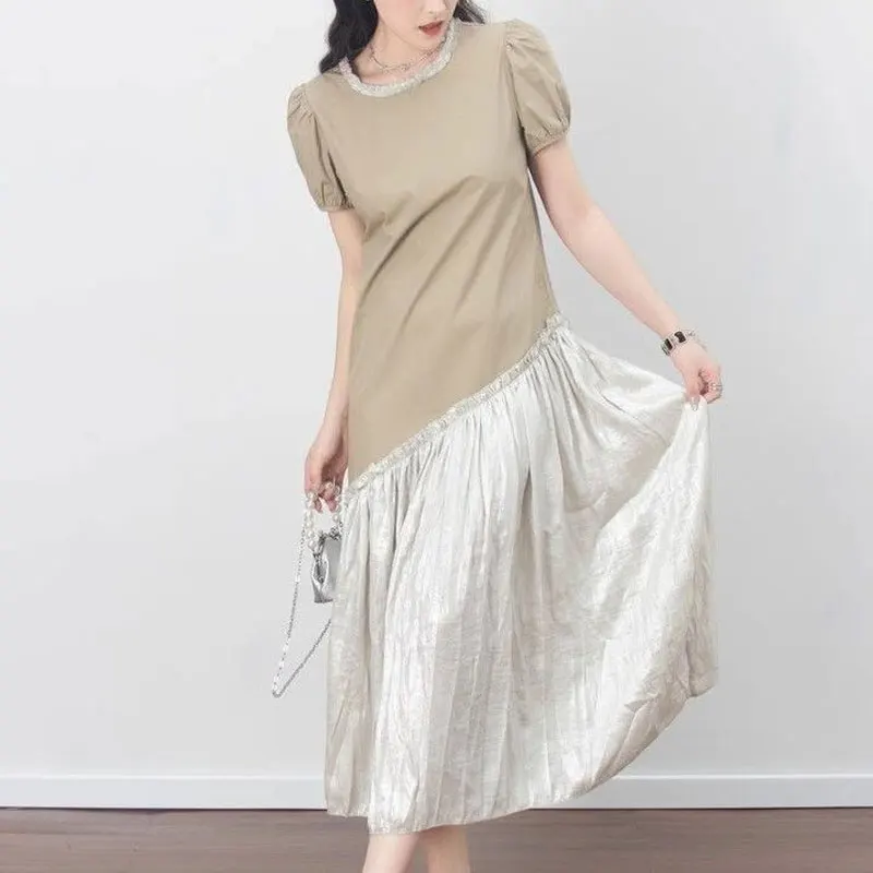 

French Style Puff Sleeve Dresses Summer Vintage Fashion Patchwork Women's Clothing Casual Round Neck Basic Straight Long Dress