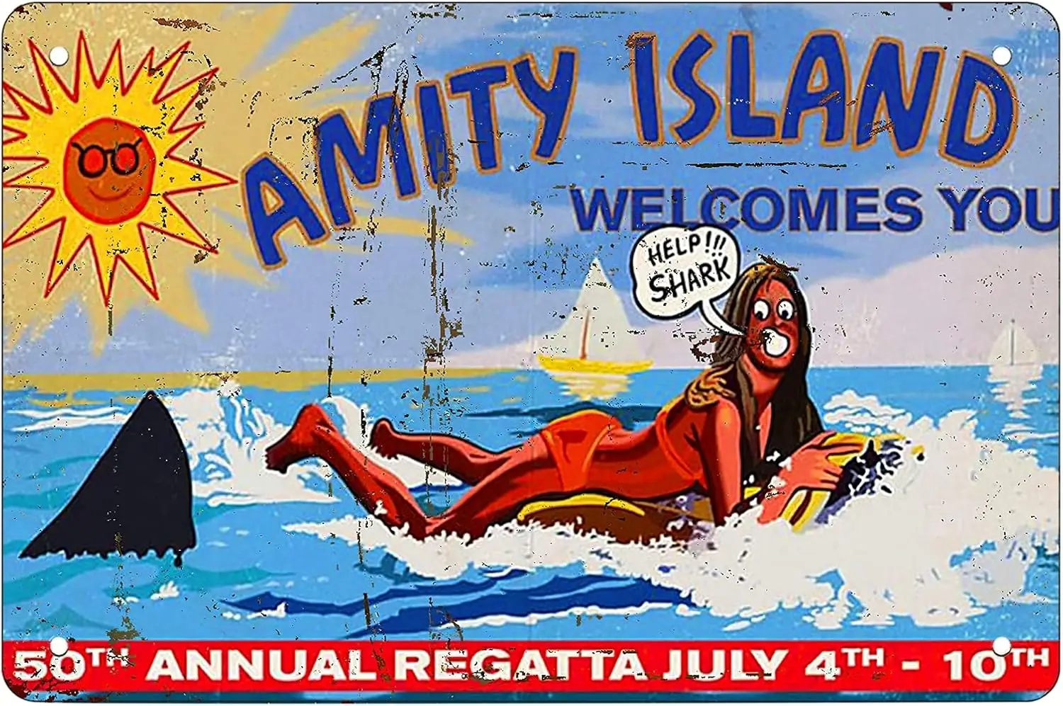 Metal Tin Sign For Welcome to Amity Island，surf Girl Retro Funny Sheet Signs, Wall Decoration, Size:es-aluminum