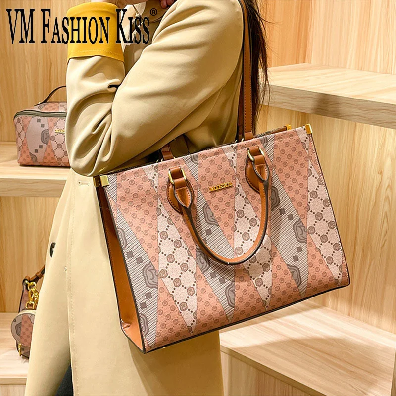 

VM FASHION KISS 2023 New Luxury Tote Bag Women Large Capacity Printed Messenger Bags Split Leather Underarm Shoulder Handbag