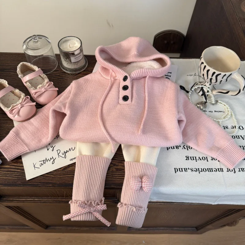 

Winter Infant Baby Girl 2piece Set Hooded Solid Thick Warm Toddler Girl Sweater Tops+knit Bow Jacquard Children Kids Girl Tights