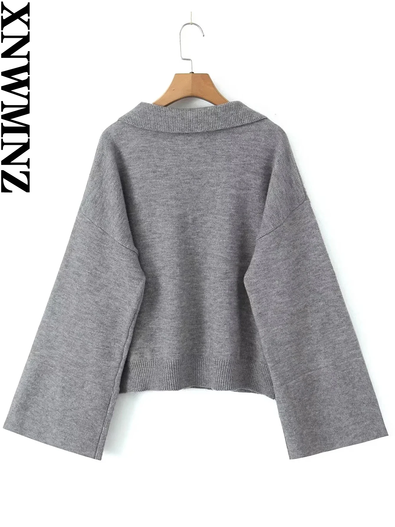 XNWMNZ Women\'s Fashion 2023 Autumn/Winter Polo Neck Knitted Sweater Women Vintage Long Wide Sleeve Versatile Female Pullover