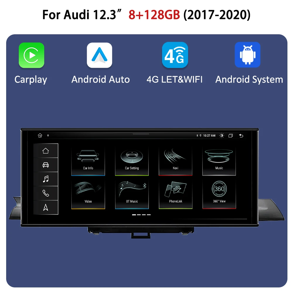Qualcomm 12.3'' 8+128GB draadloze Android Auto CarPlay autoradio multimediasysteem voor Audi A4 A5 B9 2017-2020 GPS Bluetooth navigatie