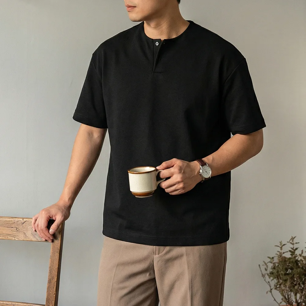Short Sleeve T-Shirt Men's Henry Collar 180g Open Twill Cotton 2026 Summer New Half Sleeve