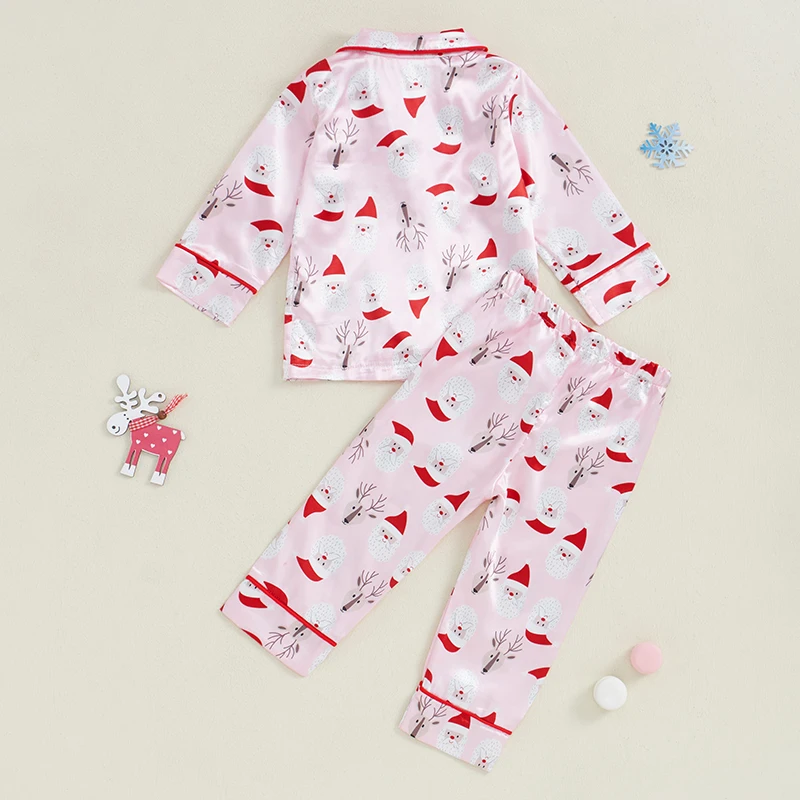 Little Girl Christmas Pajama Sets Santa/Elk Print Lapel Neck Button-up Tops Elastic Waist Long Pant Satin Loungewear Set