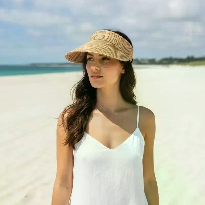 Women Woven Straw Sun Visor Hat Full Face UV Protection Extra Wide Brim for Summer Beach Travel Outdoor Activities
