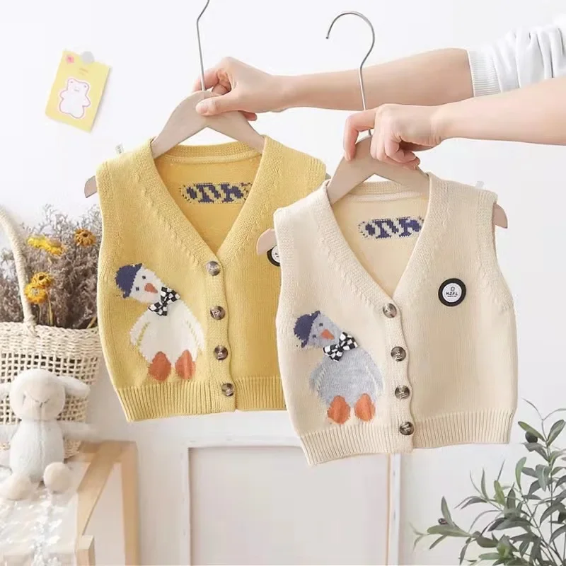 Pakaian bayi musim gugur anak-anak bebek kartun lucu rompi kardigan Sweater Anak rajutan V-neck rompi mantel bayi lembut pakaian nyaman