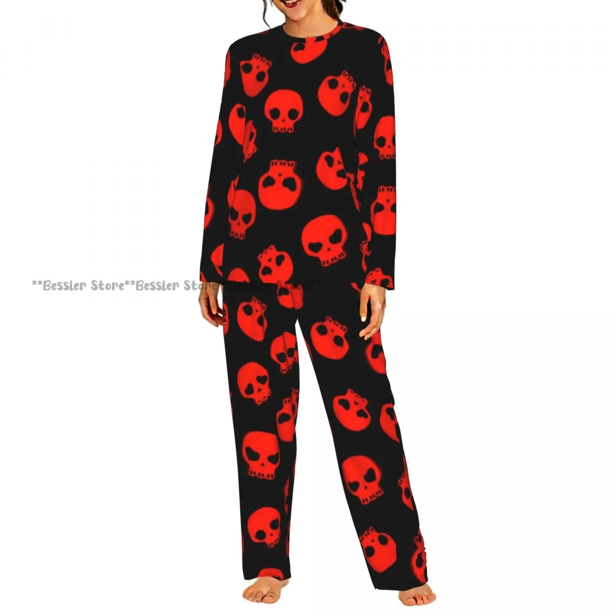 2 Piece Loungewear Women Pajama Sets Cute Skulls Pattern Soft Homewear Sleepwear Long Sleeve Nightwear