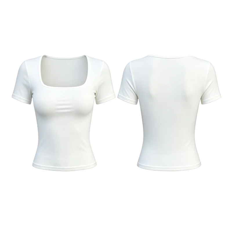Damen-T-Shirt mit kurzen Ärmeln, schmal geschnitten, schlichtes Basic-Modell, quadratischer Kragen, Unterhemd, weiches, dehnbares Strickmaterial, ideal als Basisschicht, für den täglichen, lässigen Gebrauch. – Detail 4