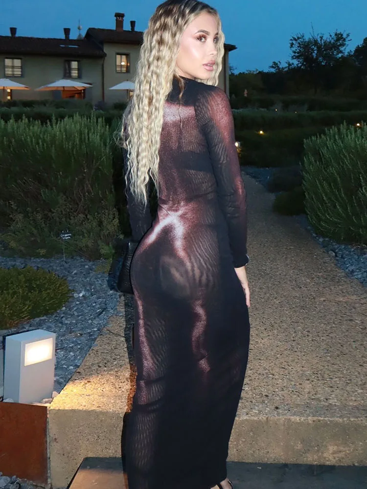 Raar Puss Sexy See Through Jurk Dames Skew Kraag Body Print Herfst Trend Hottie Street Clubwear Stretch Skinny Maxi Bodycon