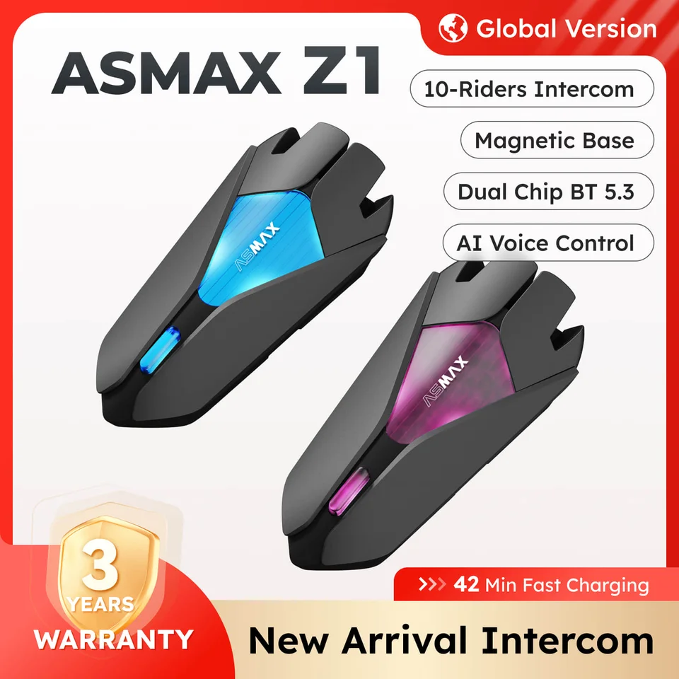 ASMAX Z1 Bluetooth Helmet Headset, IP67 Waterproof, 42min Fast Charge