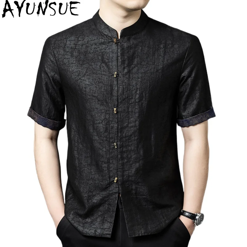 

AYUNSUE 100% Natural Mulberry Silk Shirt for Men Summer 2026 Fashion Gauze Silk Tops Short Sleeve Luxury Shirts Man Clothing