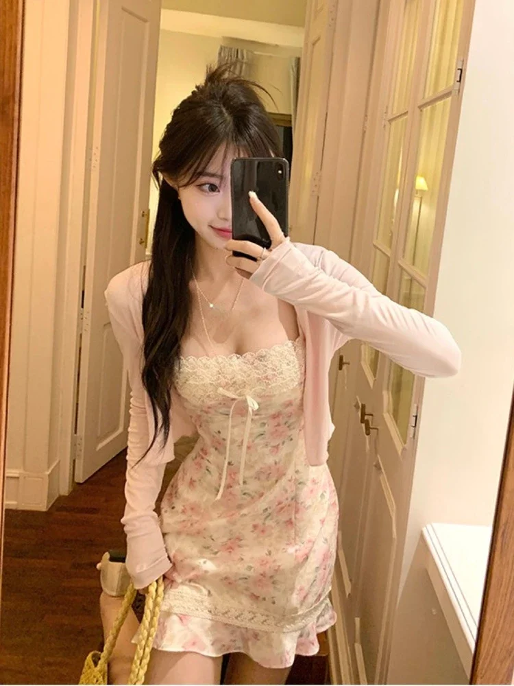 Summer Korean Fashion 2 Piece Dress Set Women Elegant Short Cardigan + Sweet Slim Floral Y2k Mini Dress Party Beach Suit