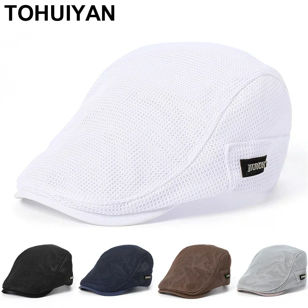 TOHUIYAN Summer Mens Hats Breathable Mesh Newsboy Caps Outdoor Baker Boy Boinas Cabbie Hat Fashion Driving Flat Cap For Women