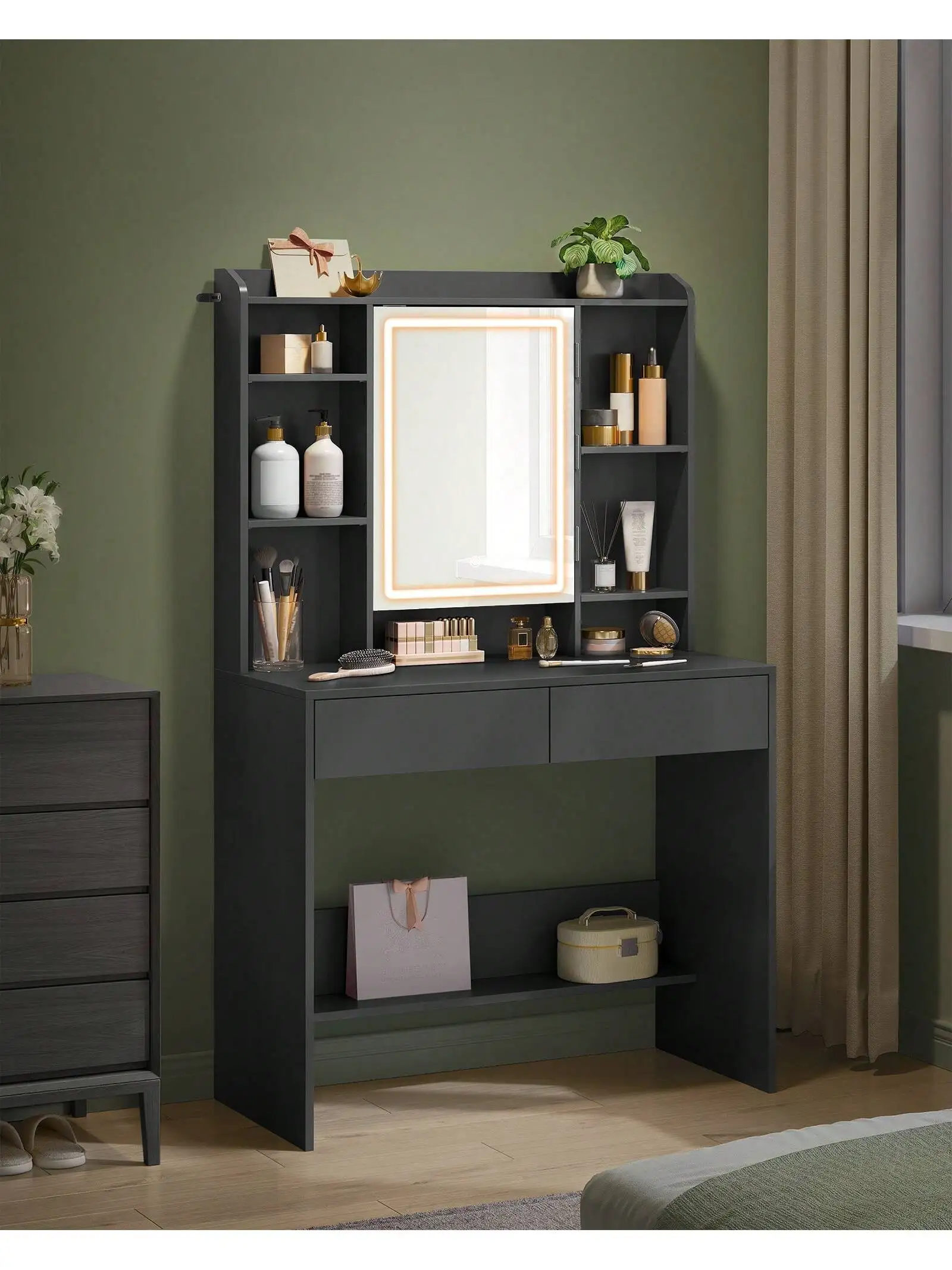 VASAGLE Makeup Vanity con luci a LED regolabili, specchio, Design spazioso, 2 cassetti, stile