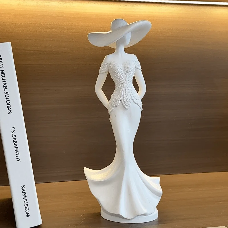 Elegant Hat Lady Resin Statue Abstract Off Shoulder Mermaid Dress Woman Figurine Minimalist White Female Sculpture Desktop