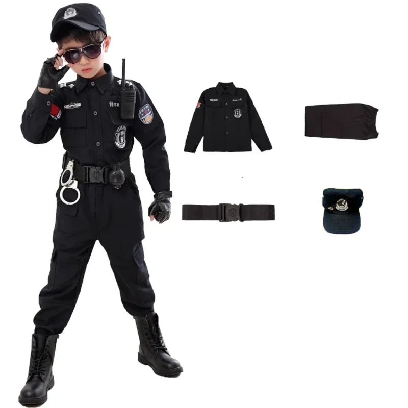 SN55SWAT Children Halloween Policeman Cosplay Costumes Kids Carnival Police Uniform 110-160cm Boys Army Policemen Soldier 7$5Q@1